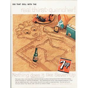 1959 7-Up Dig That Doll Vintage Print Ad Beach Sun Tan Green Bottle Wall Art